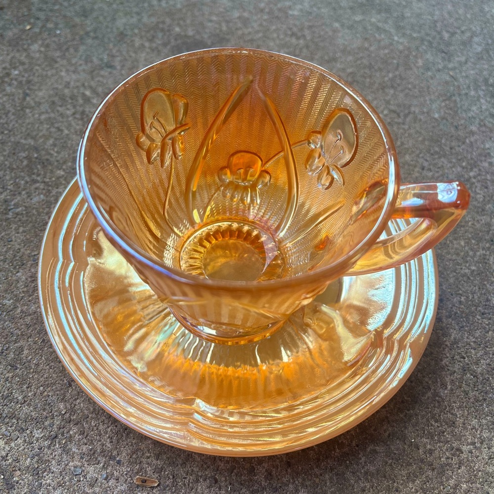 Peachy iridescent Iris lusterware combo by Jeannette Glass Co & Anchor Hocking